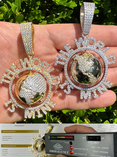 Pre-owned Scarface Moissanite Hip Hop 925 Silver Iced World Is Mine Spinning Globe Pendant Necklace In White