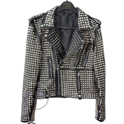 Pre-owned Handmade Men's Black Genuine Leather Silver Full Studded Fashion Zipper Jacket In Same As Shown In Picture