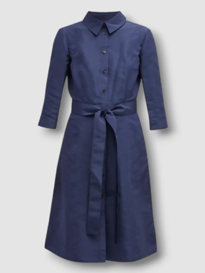 Pre-owned Carolina Herrera $2690  Women's Blue Faille Silk 3/4-sleeve Shirt Dress Size 8