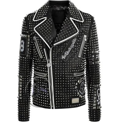Pre-owned Handmade Men's Black Color Silver Studded & Patches Genuine Leather Biker Jacket In Same As Shown In Picture
