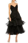 Mac Duggal V Neck Tiered Ruffle Midi Dress In Black