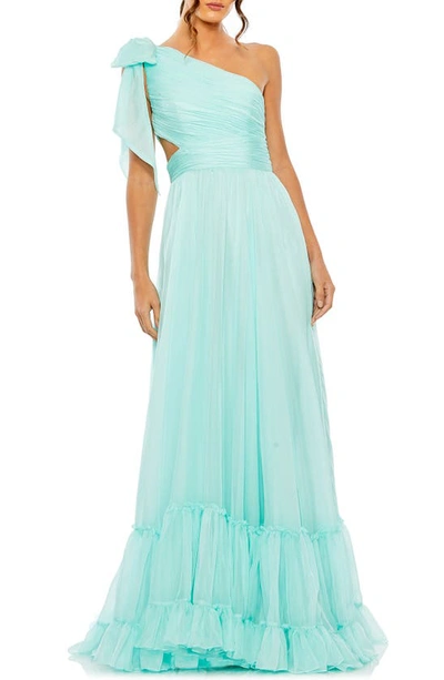 Mac Duggal Tiered One Shoulder Ruched Gown In Aqua