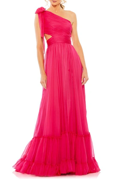 Mac Duggal Tiered One Shoulder Ruched Gown In Hot Pink