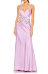 Mac Duggal Rhinestone Bow Cami Draped Trumpet Gown In Lilac