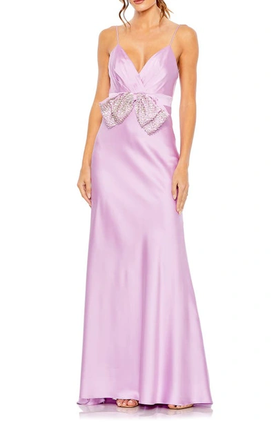 Mac Duggal Rhinestone Bow Cami Draped Trumpet Gown In Purple