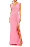 Mac Duggal Sleeveless Side Ruched Slit Gown In Candy Pink