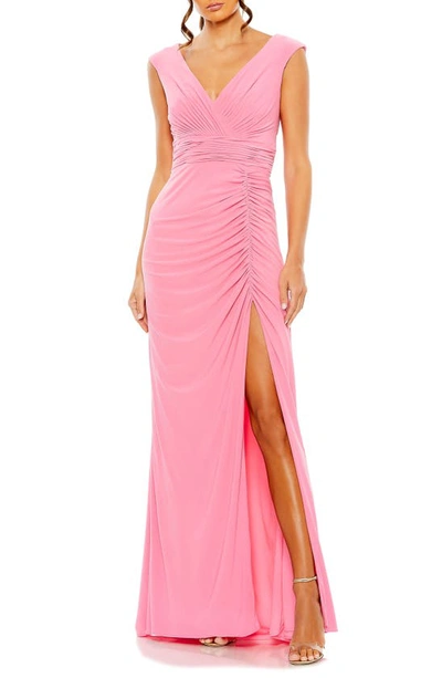 Mac Duggal Sleeveless Side Ruched Slit Gown In Candy Pink