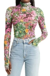 Afrm Zadie Mesh Turtleneck Top In Mixed Floral Sub