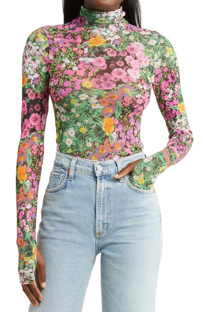 Afrm Zadie Mesh Turtleneck Top In Mixed Floral Sub