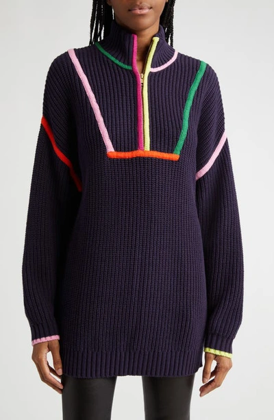 Staud Hampton Colourblock Stripe Quarter Zip Pullover In Navy Multi