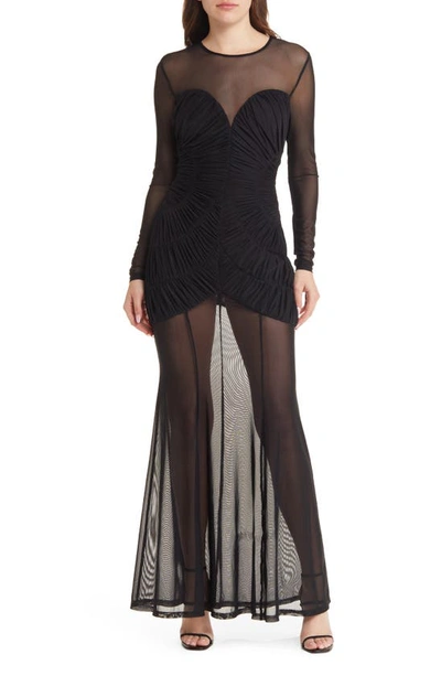 Misha Collection Talitha Smocked Mesh Long Sleeve Gown In Black