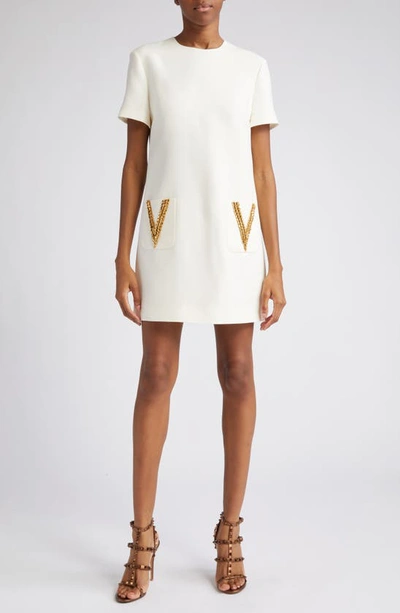 Valentino V-logo Beaded Pockets Crepe Couture Mini Dress In Ivory