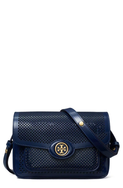 Tory Burch Robinson Perforated Convertible Leather Shoulder Bag In Navy
