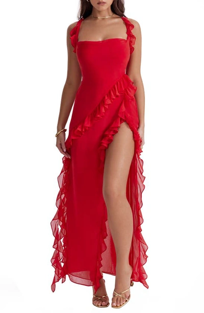 House Of Cb Ruffle Side Slit Gown In Red Rose