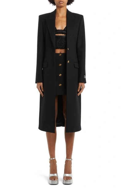 Versace Longline Wool Blend Peacoat In Black