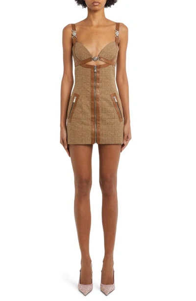 Versace Embellished Leather-trimmed Cutout Canvas-jacquard Mini Dress In Beige