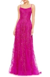 Mac Duggal Floral Applique Cami A Line Gown In Fuchsia