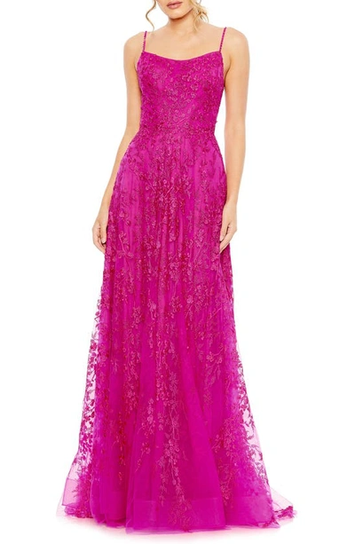 Mac Duggal Floral Applique Cami A Line Gown In Fuchsia