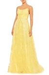 Mac Duggal Floral Applique Cami A Line Gown In Yellow