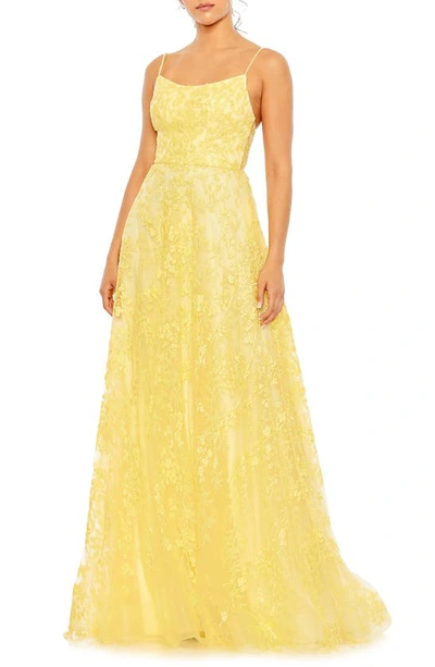 Mac Duggal Floral Applique Cami A Line Gown In Yellow