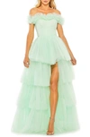 Mac Duggal Strapless High Low Tulle Gown In Mint