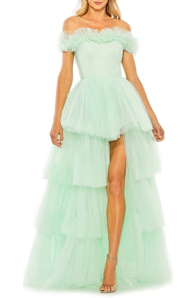 Mac Duggal Strapless High Low Tulle Gown In Mint