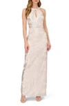 Adrianna Papell Halter Foil Mesh Gown In Ivory/ Silver