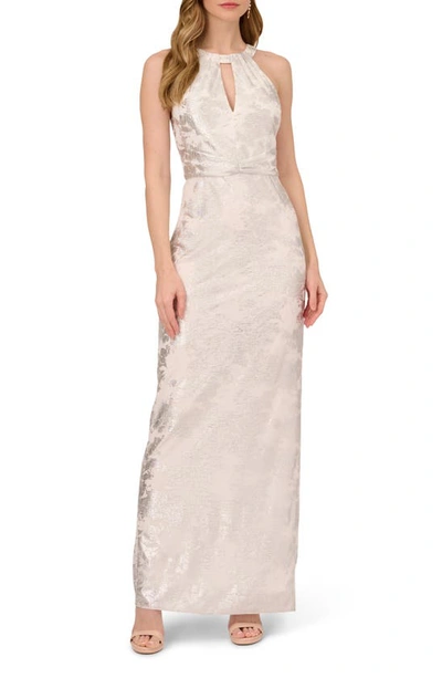 Adrianna Papell Halter Foil Mesh Gown In Ivory/ Silver