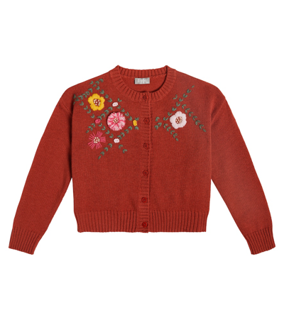 Il Gufo Kids' Embroidered Wool Cardigan In Red