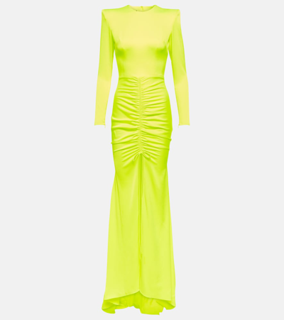 Alex Perry Torrin Strong-shoulder Ruched Slits Satin Crepe Gown In Yellow