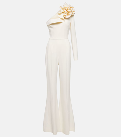 Elie Saab One-shoulder Flared Cady Jumpsuit With Rosette Detail In White