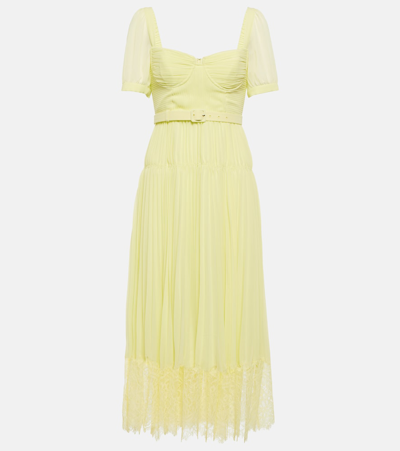 Self-portrait Pleated Chiffon-lace Corset Midi Dress In Yellow