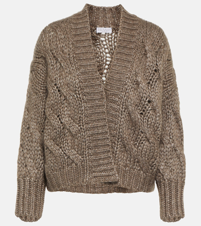 Brunello Cucinelli Cable-knit Mohair-blend Cardigan In Brown
