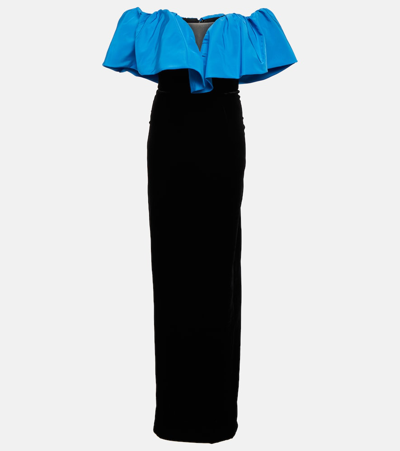 Monique Lhuillier Ruffled Off-the-shoulder Velvet Gown In Cobalt Blue Noir