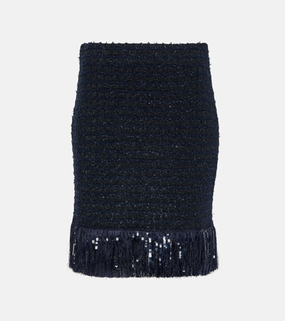 Oscar De La Renta Tweed Sequin Fringe Skirt In Navy