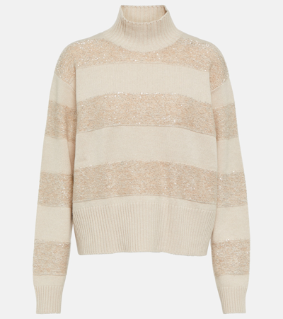 Brunello Cucinelli Sequin-embellished Stripe Wool-cashmere Sweater In Sand