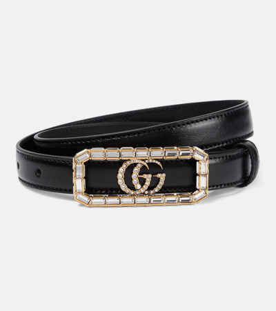 Gucci Double G Crystal-embellished Leather Belt In Black