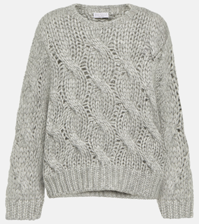 Brunello Cucinelli Iridescent Cable Wool Sweater In Dark Grey