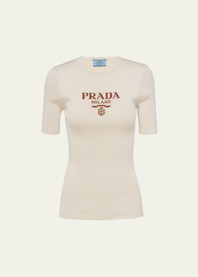 Prada Silk Crew-neck Sweater With Logo In Beige