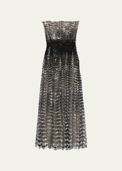 Oscar De La Renta Sequin Wave Embroidered Strapless Gown In Blacksilver