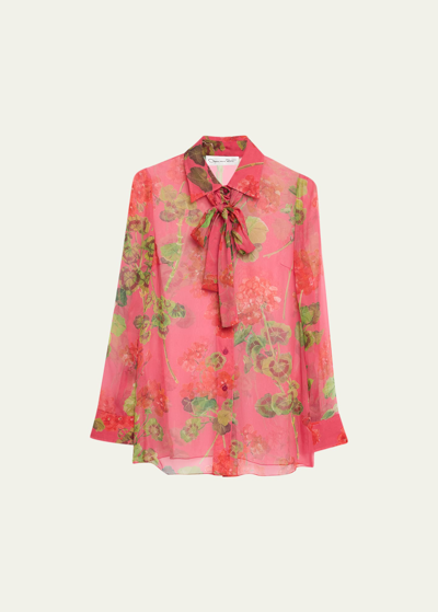 Oscar De La Renta Tie Neck Geranium Chiffon Blouse In Redgeranium