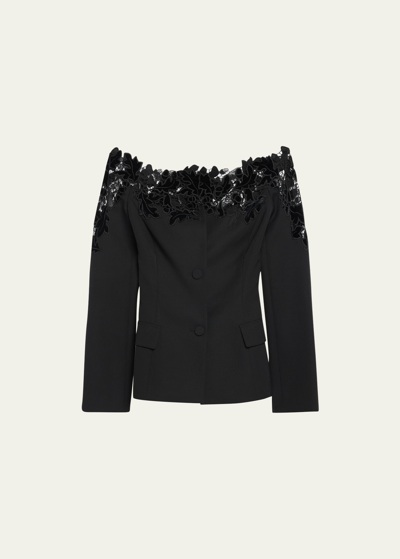 Oscar De La Renta Off-shoulder Velvet Guipure Lace Blazer Top In Black