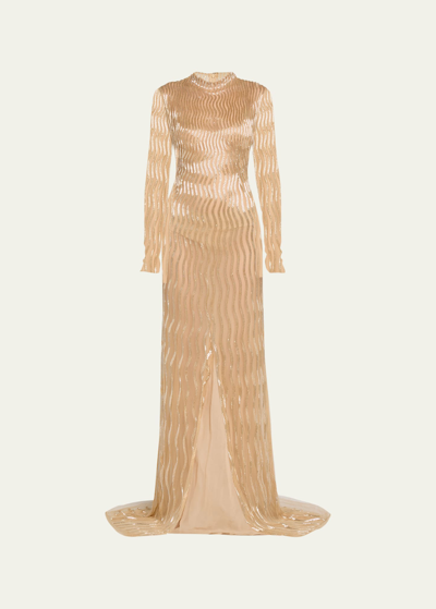 Oscar De La Renta Long-sleeve Sequin Wave Embellished Tulle Gown In Gold