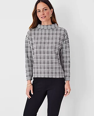Ann Taylor Houndstooth Button Tab Mock Neck Top In C1 Black
