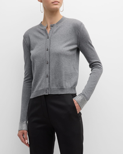 Valentino Strass Embellished Wool Crewneck Cardigan In Grigio Melange