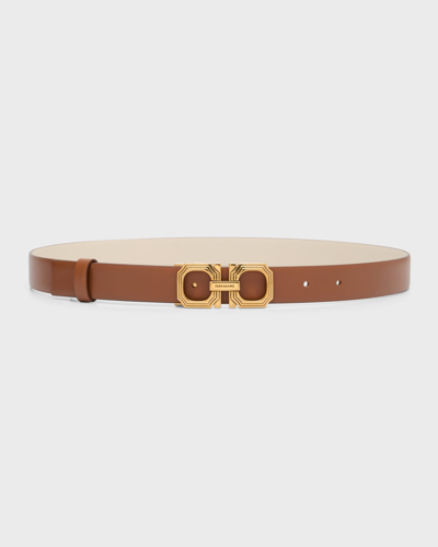 Ferragamo Reversible And Adjustable Squared Gancini Belt In Brown