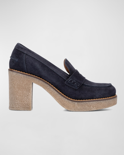 Aquatalia Caprie Suede Heeled Penny Loafers In Navy