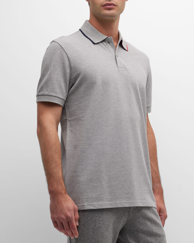 Moncler Men's Pique Tipped-collar Polo Shirt In Light Grey