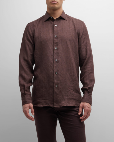 Zegna Men's Linen Sport Shirt In Dark Brown Solid