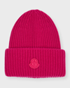 Moncler Wool Knit Beanie With Logo Patch In Dark Pink